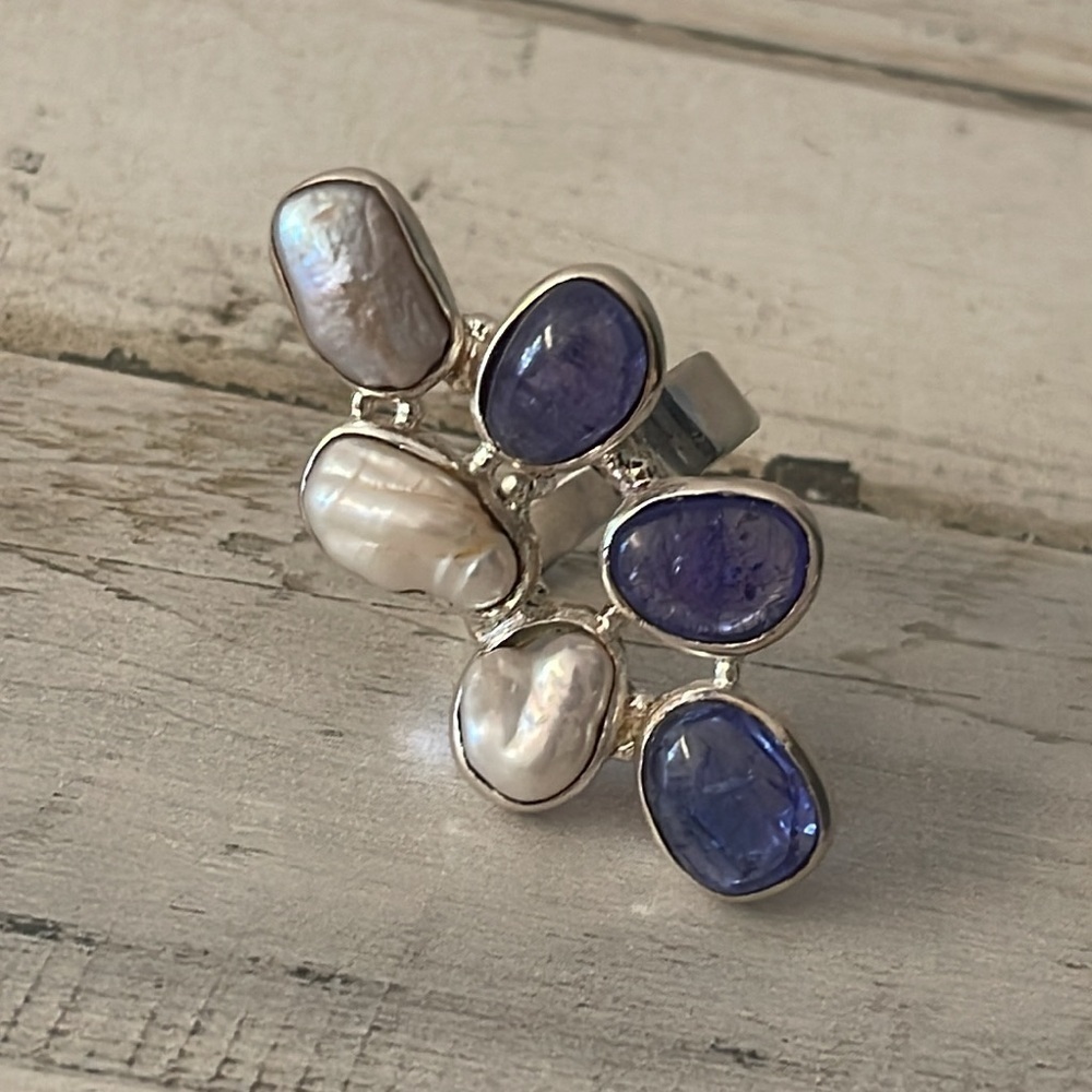 Sterling Silver Pearl Amethyst Gemstone Cluster Statement Ring Size 7